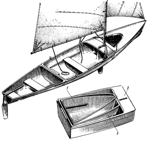 General view of a three-section fiberglass canoe