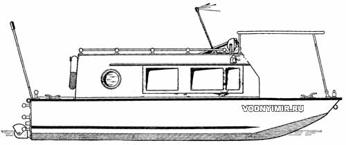 General view and longitudinal section of the houseboat Yanta