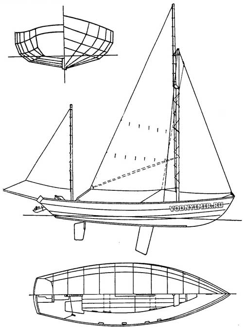 Theoretical drawing, sail layout and general layout of the boat Drascombe Longboat