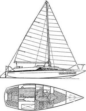 Side view and layout of the motor sailboat V-5